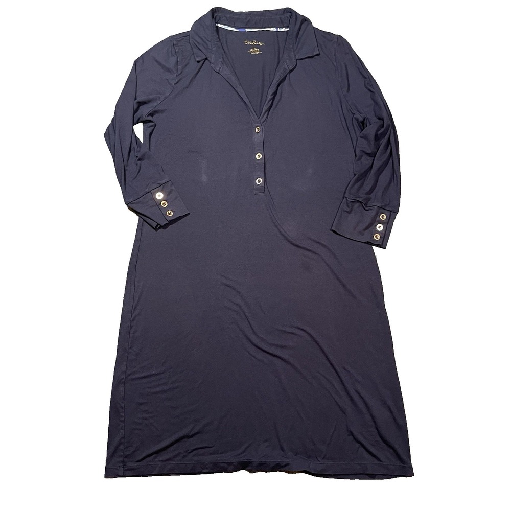 Lilly Pulitzer V-Neck Shift Dress Womens‎ Large Navy 3/4 sleeve Preppy Modest